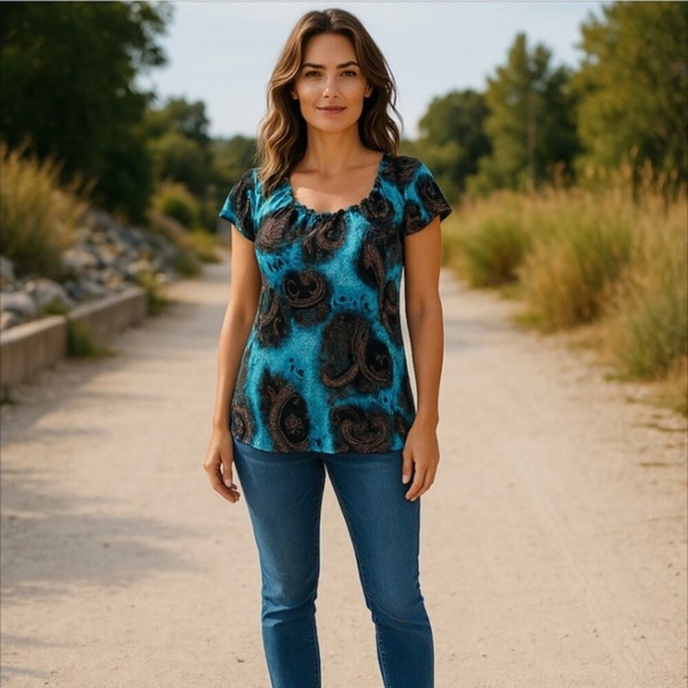 Carol Rose On/Off Shoulder Blouse Teal and Black Size M